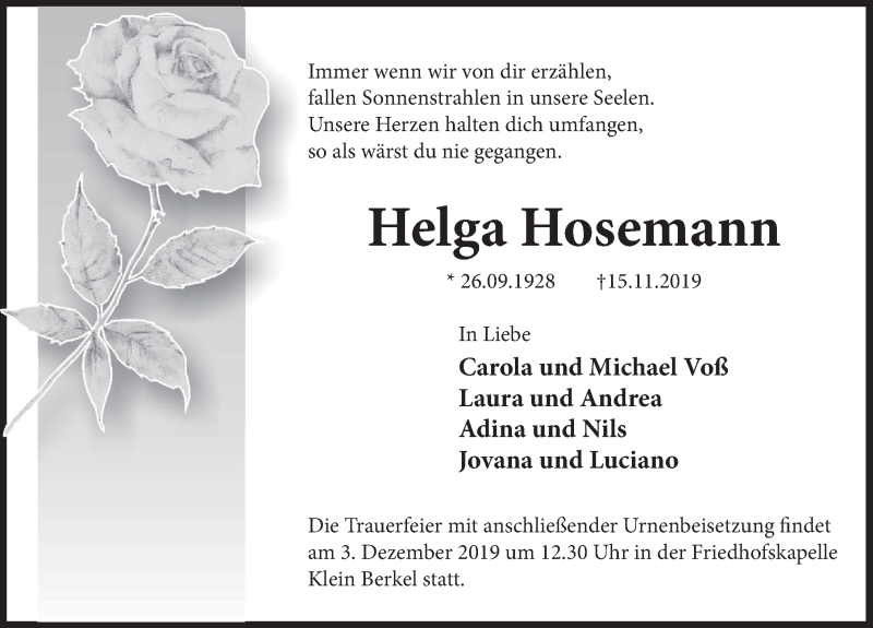  Traueranzeige für Helga Hosemann vom 30.11.2019 aus Deister- und Weserzeitung