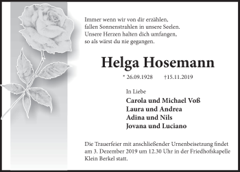Traueranzeige von Helga Hosemann von Deister- und Weserzeitung