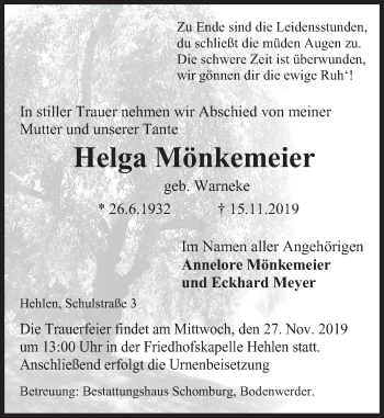 Traueranzeige von Helga Mönkemeier von Deister- und Weserzeitung