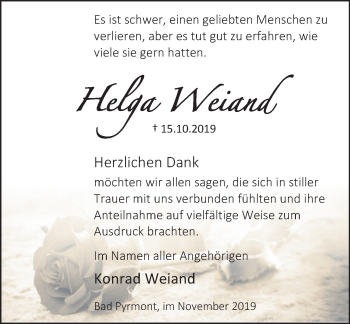 Traueranzeige von Helga Weiland von Deister- und Weserzeitung