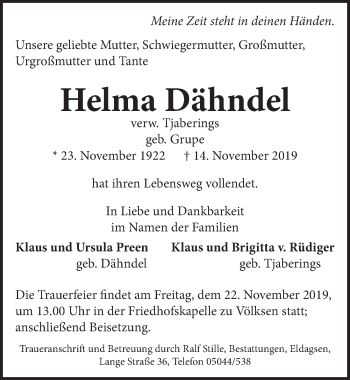Traueranzeige von Helma Dähndel von Neue Deister-Zeitung