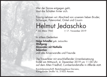 Traueranzeige von Helmut Jedaschko von Deister- und Weserzeitung
