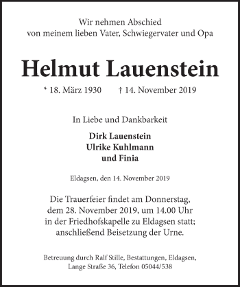Traueranzeige von Helmut Lauenstein von Neue Deister-Zeitung