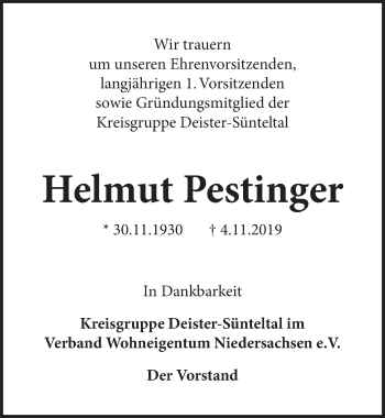 Traueranzeige von Helmut Pestinger von Neue Deister-Zeitung