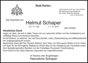 Traueranzeige von Helmut Schaper von Deister- und Weserzeitung