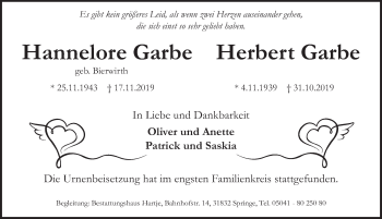 Traueranzeige von Herbert Garbe von Neue Deister-Zeitung