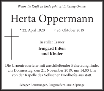 Traueranzeige von Herta  Oppermann 