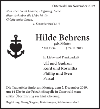 Traueranzeige von Hilde Behrens von Deister- und Weserzeitung