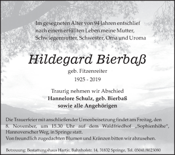 Traueranzeige von Hildegard Bierbaß 