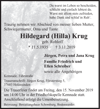 Traueranzeige von Hildegard  Krug von Deister- und Weserzeitung