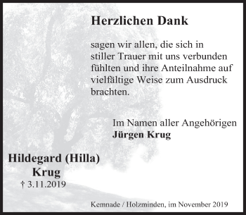 Traueranzeige von Hildegard  Krug von Deister- und Weserzeitung