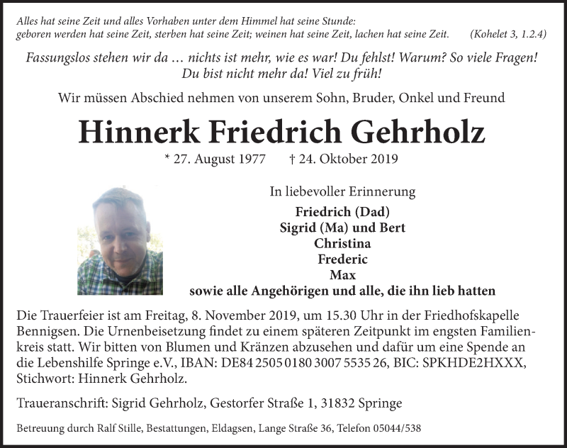  Traueranzeige für Hinnerk Friedrich Gehrholz vom 05.11.2019 aus Neue Deister-Zeitung