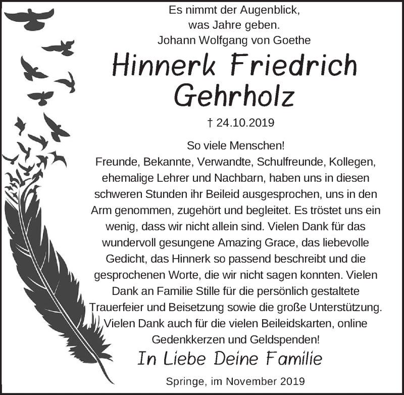  Traueranzeige für Hinnerk Friedrich Gehrholz vom 04.12.2019 aus 