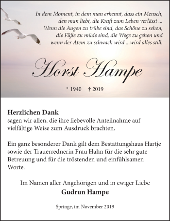 Traueranzeige von Horst Hampe von Neue Deister-Zeitung