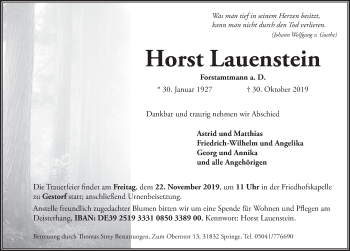 Traueranzeige von Horst Lauenstein von Neue Deister-Zeitung