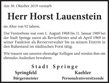Traueranzeige von Horst Lauenstein von Neue Deister-Zeitung
