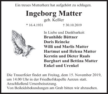 Traueranzeige von Ingeborg Matter von Deister- und Weserzeitung