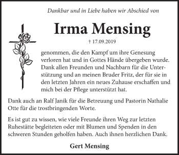 Traueranzeige von Irma Mensing von Neue Deister-Zeitung