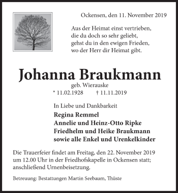 Traueranzeige von Johanna Braukmann von Deister- und Weserzeitung