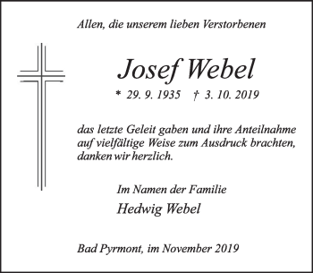 Traueranzeige von Josef Webel von Deister- und Weserzeitung