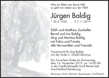 Traueranzeige von Jürgen Baldig von Deister- und Weserzeitung