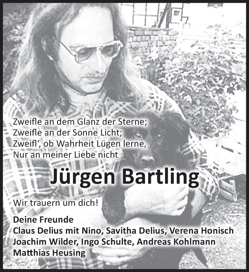  Traueranzeige für Jürgen Bartling vom 30.11.2019 aus Deister- und Weserzeitung