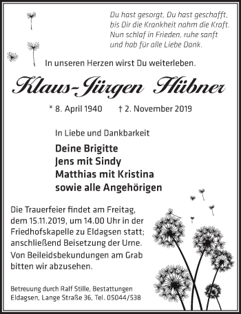 Traueranzeige von Klaus-Jürgen Hübner von Neue Deister-Zeitung