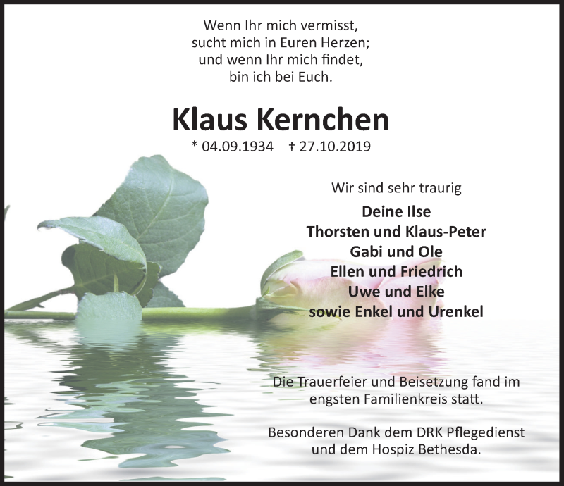  Traueranzeige für Klaus Kernchen vom 15.11.2019 aus Deister- und Weserzeitung
