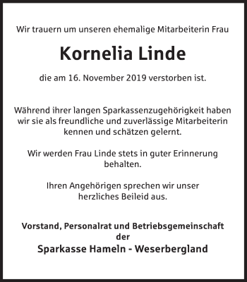 Traueranzeige von Kornelia Linde von Deister- und Weserzeitung