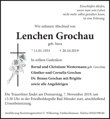 Traueranzeige von Lenchen Grochau von Neue Deister-Zeitung
