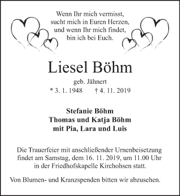 Traueranzeige von Liesel Böhm von Deister- und Weserzeitung