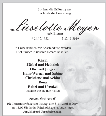 Traueranzeige von Lieselotte Meyer von Deister- und Weserzeitung