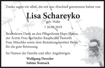 Traueranzeige von Lisa Schareyko von Deister- und Weserzeitung