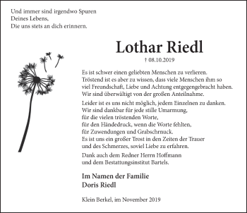 Traueranzeige von Lothar Riedl von Deister- und Weserzeitung