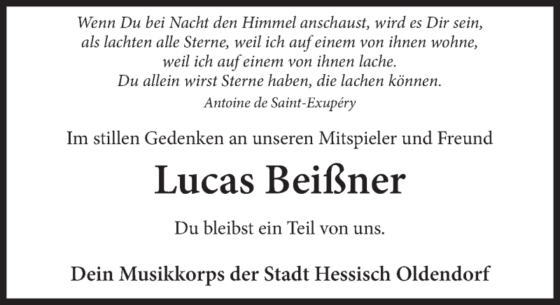 Traueranzeige für Lucas Beißner vom 20.11.2019 aus Deister- und Weserzeitung
