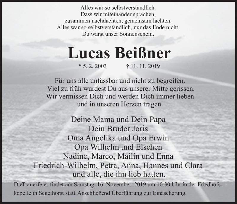  Traueranzeige für Lucas Beißner vom 14.11.2019 aus Deister- und Weserzeitung