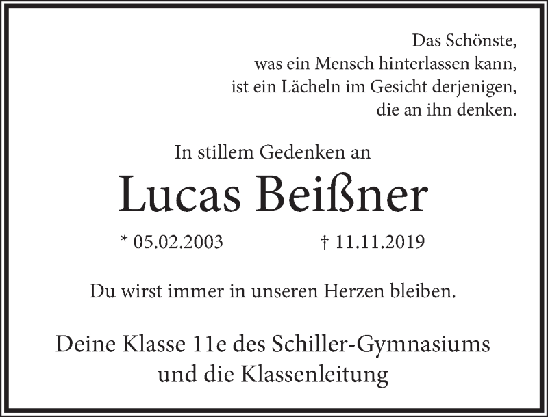  Traueranzeige für Lucas Beißner vom 16.11.2019 aus Deister- und Weserzeitung