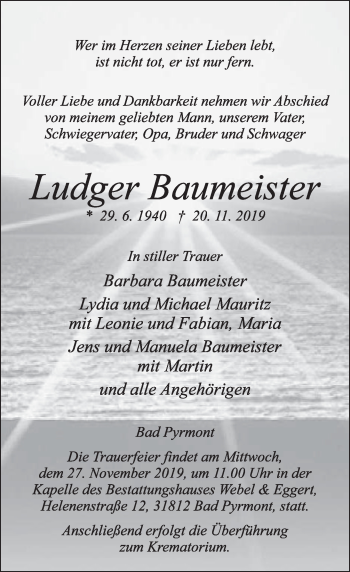 Traueranzeige von Ludger Baumeister von Deister- und Weserzeitung