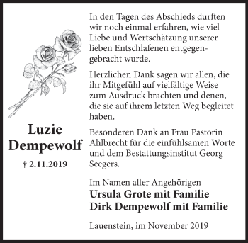 Traueranzeige von Luzie Dempewolf von Deister- und Weserzeitung