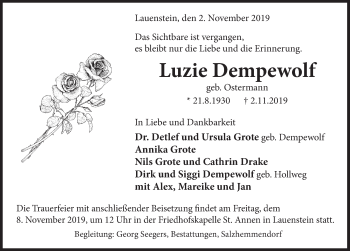 Traueranzeige von Luzie Dempewolf von Deister- und Weserzeitung