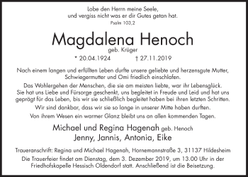 Traueranzeige von Magdalena Henoch von Deister- und Weserzeitung