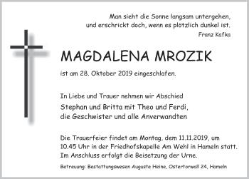 Traueranzeige von Magdalena Mrozik von Deister- und Weserzeitung