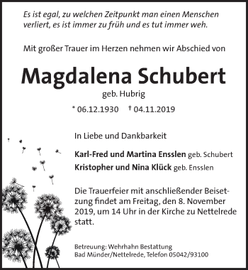 Traueranzeige von Magdalena Schubert von Neue Deister-Zeitung