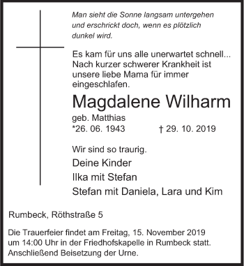 Traueranzeige von Magdalene Wilharm von Deister- und Weserzeitung