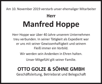 Traueranzeige von Manfred Hoppe von Deister- und Weserzeitung