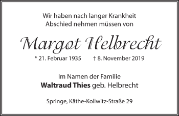 Traueranzeige von Margot Helbrecht von Neue Deister-Zeitung