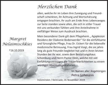 Traueranzeige von Margret Nelaimischkies von Deister- und Weserzeitung