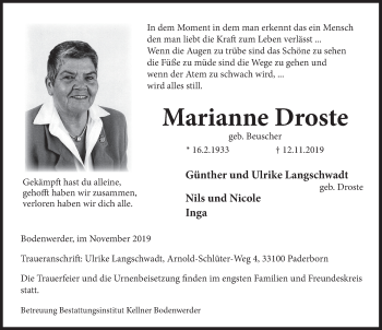 Traueranzeige von Marianne Droste von Deister- und Weserzeitung