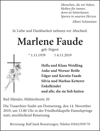 Traueranzeige von Marlene Faude von Neue Deister-Zeitung