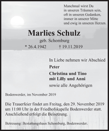 Traueranzeige von Marlies Schulz von Deister- und Weserzeitung